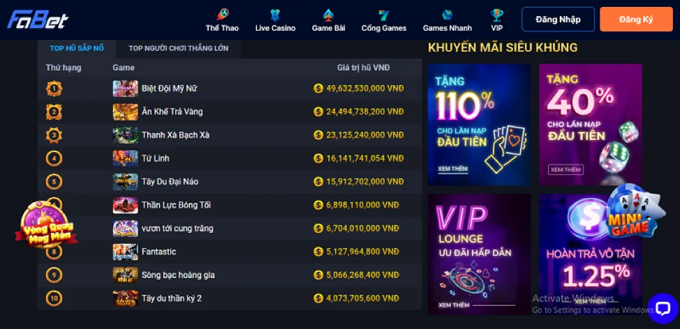 Các trò chơi đa dạng tại WON88: thể thao, casino, slot, bắn cá
